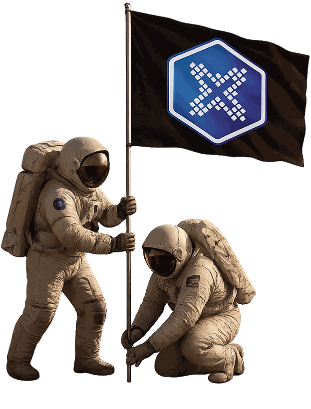 Two astronauts planting an AdPrompt flag